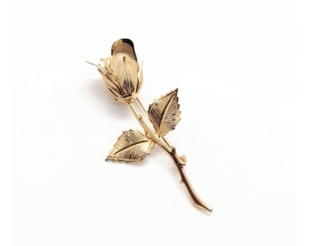 Vintage grote geborstelde gouden lange stengel rose broche pin gedetailleerde bloem 3,15 "