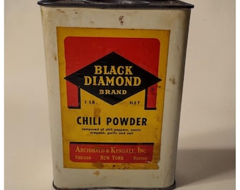 Vintage Black Diamond Brand Chili Powder Tin 6" Archibald & Kendall 1 lb Empty