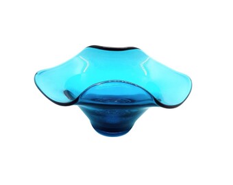 Viking MCM Bluenique Glass Candy Dish Bowl Turquoise Rolled Edges Decor 7 in