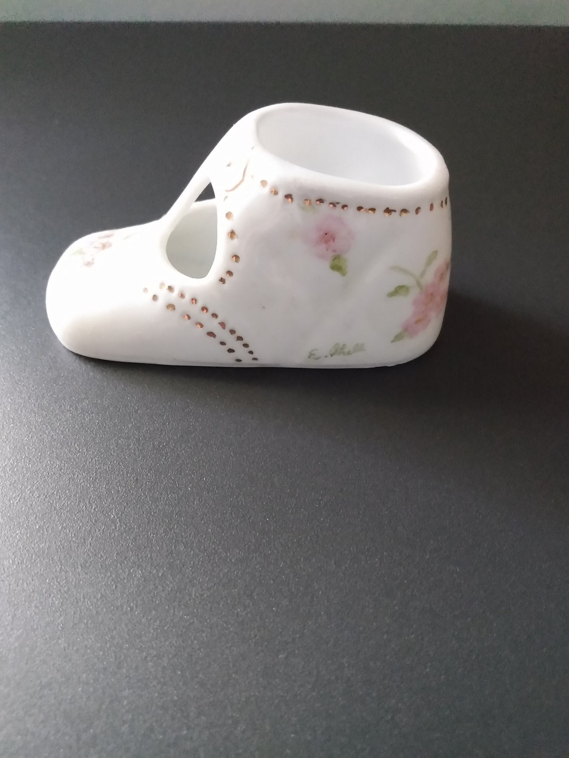 Vintage Handpainted Signed E. Shell Porcelain Baby Shoes