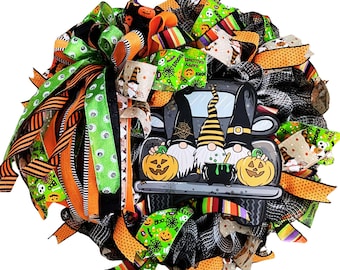 Halloween Gnome Truck Wreath, Halloween Front Door Decor, Spooky Gnome Wreath, Witch Truck Door Hanger, Orange Black Green Mesh Wreath