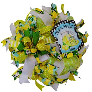 Pitcher Perfect Day Lemon Wreath Lemonade Summer Wreath, Lemon Themed Door Decor, Bright Yellow Green Ribbon Wreath, Summer Home Decor