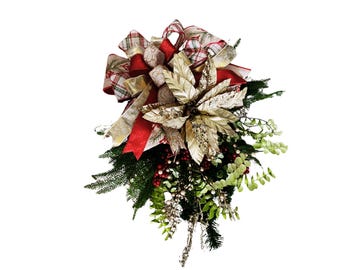 Christmas Swag Wreath with Gold Poinsettia, Red Plaid Ribbon, Holiday Door Decor, Winter Greenery, Berry Swag, Elegant Christmas Bow