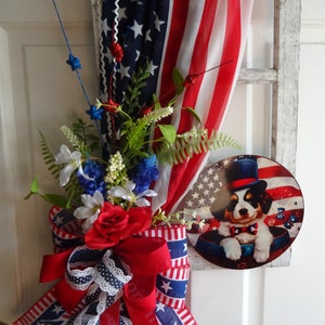 Patriotic Door Hanger - Red, White & Blue Decor with Adorable Pup Design