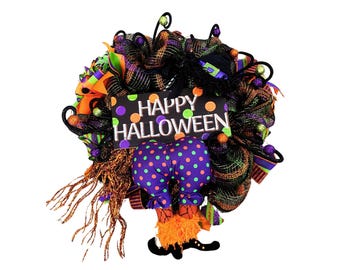 Happy Halloween Wreath, Witch Legs Decor, Halloween Door Decor, Colorful Front Door Wreath, Spooky Halloween Wreath