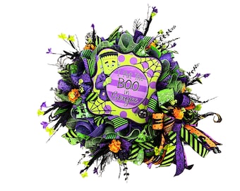 Frankenstein Halloween Wreath, Purple Green Halloween Wreath, Halloween Front Door Decor, I Put The Boo In Boujee, Cute Spooky Wreath