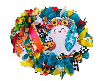 Summerween Ghost Wreath, Surfing Ghost Front Door Decor, Cute Halloween Wreath, Sunflower Beach Wreath, Tropical Halloween Decor
