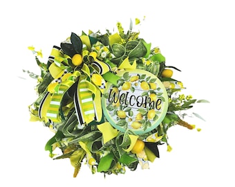 Lemon Wreath for Front Door, Summer Wreath with Welcome Sign, Yellow Green Citrus Wreath, Kitchen Decor, Farmhouse Spring Door Decor