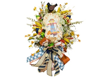 Fall Scarecrow Wreath, Harvest Front Door Decor, Farmhouse Autumn Wreath, Scarecrow and Corn Fall Door Decoration
