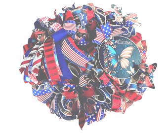 Patriotic Butterfly Wreath, 4th of July Door Decor, Red White Blue Mesh Wreath, Americana Front Door Wreath, Summer Patriotic Decor