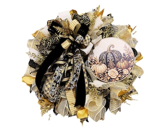 Black and Gold Fall Wreath, Elegant Pumpkin Wreath, Thanksgiving Front Door Decor, Autumn Wreath, Luxury Fall Door Wreath
