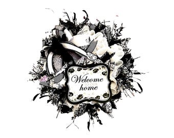 Black and White Welcome Wreath, Farmhouse Front Door Decor, Everyday Neutral Wreath, Elegant Home Sign Wreath, Year Round Door Decor