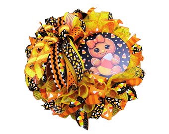 Candy Corn Halloween Wreath, Gingerbread Girl Wreath, Whimsical Halloween Door Decor, Orange Black Yellow Fall Wreath