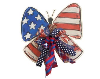 Patriotic Butterfly Door Hanger, American Flag Butterfly Wreath, Fourth of July Front Door Decor, Memorial Day Decoration