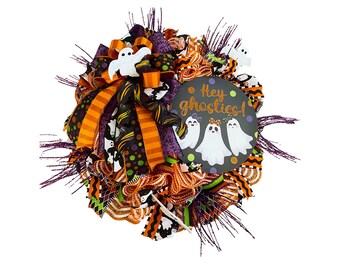 Cute Ghost Halloween Wreath, Hey Ghosties Wreath, Halloween Front Door Decor, Whimsical Ghost Door Hanger, Orange Purple Mesh Wreath