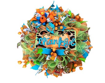 Thankful Fall Wreath, Western Fall Door Decor, Turquoise Pumpkin Wreath, Leopard Print Autumn Wreath, Farmhouse Thanksgiving Decor