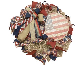 Patriotic Wreath for Front Door, 4th of July Wreath, American Flag Decor, Red White Blue Burlap Wreath, Memorial Day Door Hanger