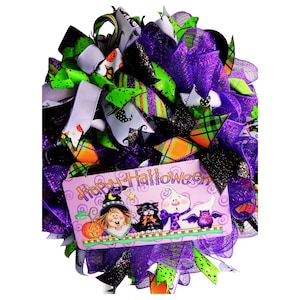 Handmade Halloween Wreath; Purple, Green, Black Ribbons on Purple Deco Mesh; Spooky Witch Sign; Whimsical Witch, Cat, Ghost, Bat & Pumpkin