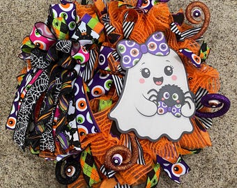 Cute Ghost Halloween Wreath, Halloween Ghost Door Hanger, Orange Deco Mesh Wreath, Spooky Front Door Decor, Whimsical Halloween Decor