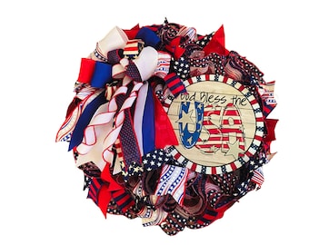 Patriotic Deco Mesh Wreath, God Bless The USA Wreath, 4th of July Door Decor, Americana Front Door Wreath