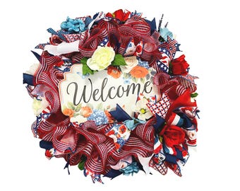 Patriotic Welcome Wreath Front Door Decor, Red White Blue Floral Wreath, 4th of July Americana Wreath, Summer Patriotic Door Decor