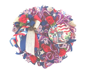 Patriotic 4th of July Wreath, Americana Front Door Decor, Red White Blue Mesh Wreath, Memorial Day Decor, Summer Patriotic Door Wreath