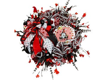 Ladybug Gnome Wreath for Front Door, Red Black White Farmhouse Wreath, Whimsical Everyday Door Decor, Handmade Mesh Ribbon Wreath