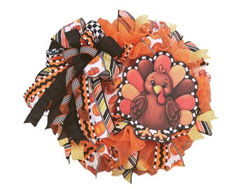 Thanksgiving Turkey Wreath, Fall Front Door Wreath, Whimsical Turkey Decor, Orange Black Pumpkin Wreath, Thanksgiving Door Decor