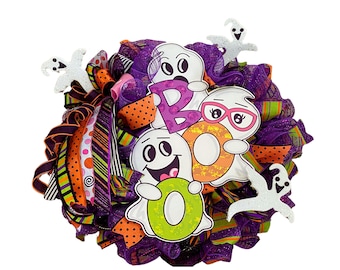 Cute Halloween BOO Ghost Wreath, Halloween Front Door Wreath, Purple Halloween Decor, Whimsical Ghost Wreath, Halloween Door Decor