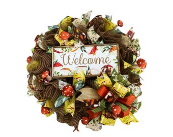 Mushroom Welcome Wreath, Woodland Mushroom Wreath, Rustic Fall Door Decor, Forest Theme Wreath, Nature Inspired Front Door Decor