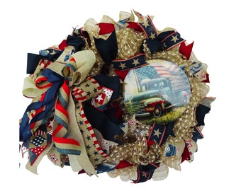 Patriotic Wreath with Vintage Truck, 4th of July Door Decor, Americana Ribbon Wreath, Independence Day Decoration, Handmade Rustic Wreath