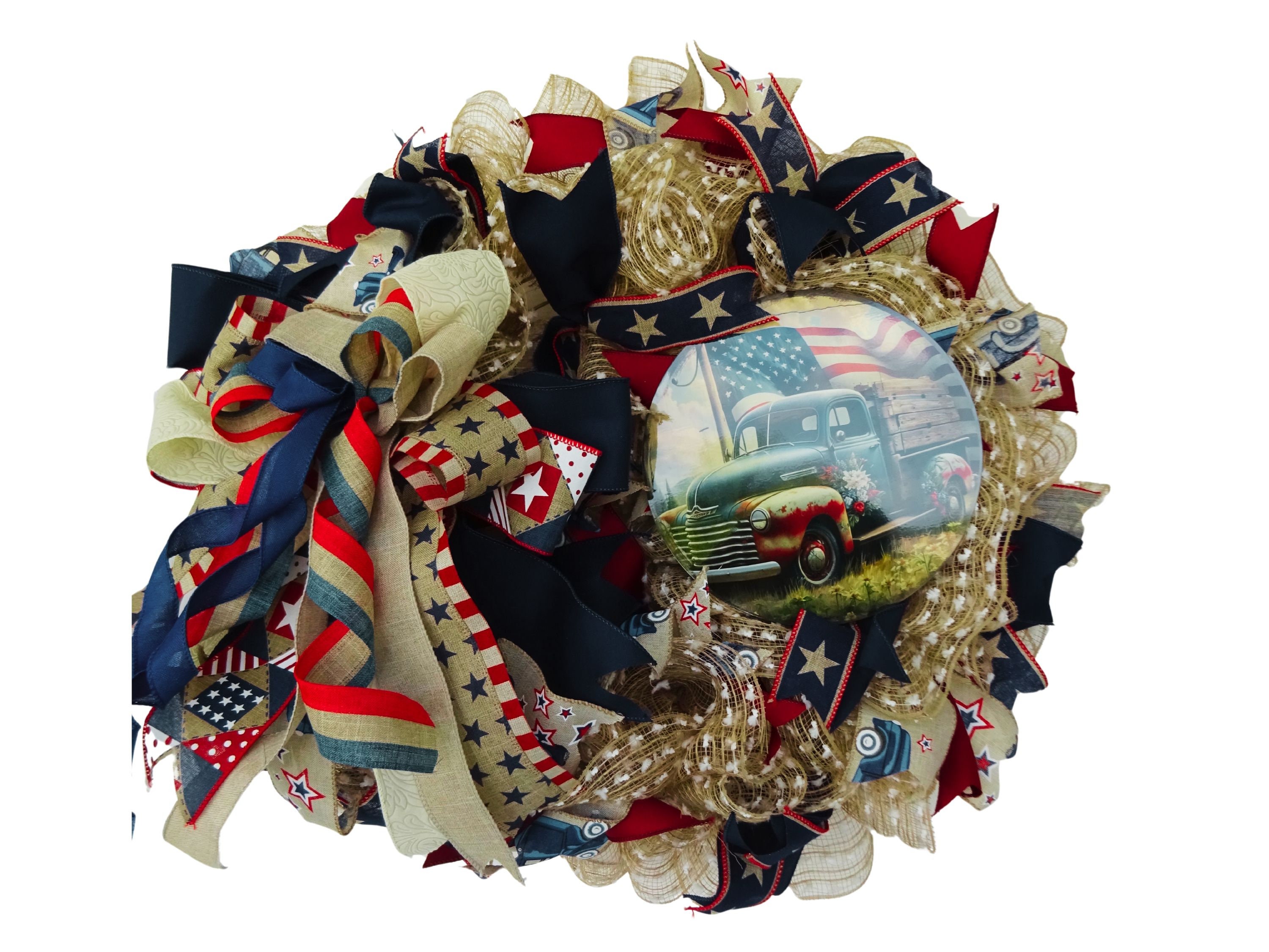 Patriotic Wreath with Vintage Truck, 4th of July Door Decor, Americana Ribbon Wreath, Independence Day Decoration, Handmade Rustic Wreath