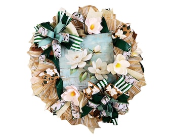 Magnolia Wreath for Front Door, Spring Floral Wreath, Farmhouse Door Decor, Southern Magnolia Decor, Everyday Wreath Gift
