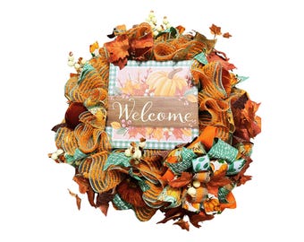 Fall Pumpkin Wreath for Front Door, Autumn Welcome Wreath, Farmhouse Fall Door Decor, Orange Sage Green Pumpkin Wreath