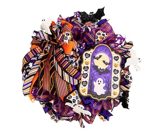 Cute Halloween Ghost Wreath, Halloween Front Door Decor, Purple Orange Mesh Wreath, Bat Wreath, Spooky Cute Door Hanger