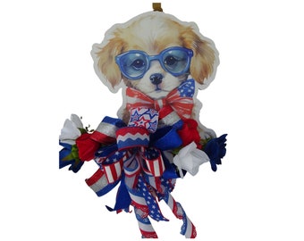 Patriotic Puppy Door Hanger, 4th of July Decor, American Flag Ribbon, Red White Blue Bow, Independence Day Decoration, Cute Dog Wreath