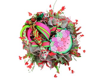 Watermelon Summer Wreath for Front Door, Pink Green Deco Mesh Wreath, Fruit Door Hanger, Whimsical Kitchen Decor