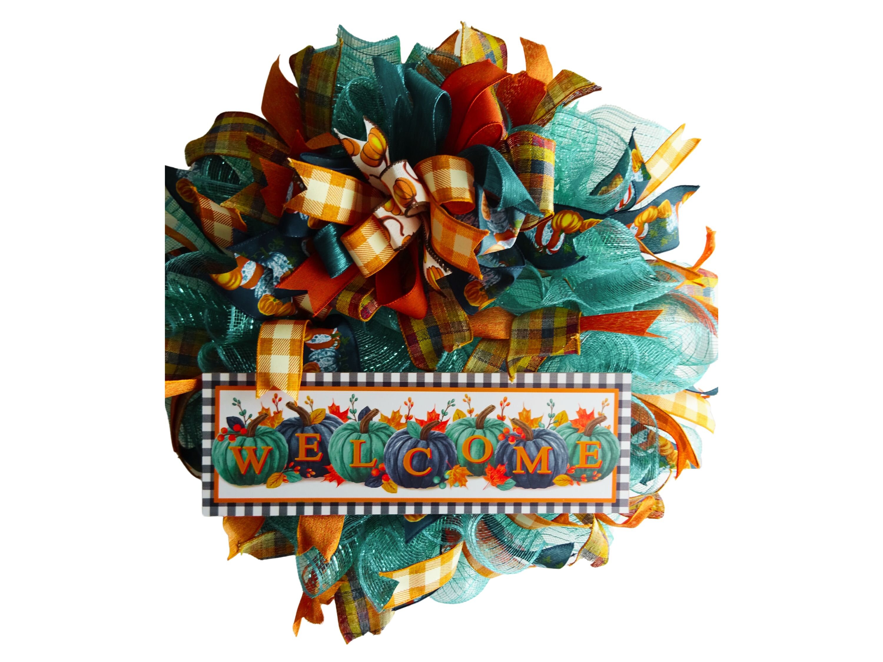 Navy and Teal Pumpkin Welcome Wreath, Welcome Pumpkin Wreath, Fall Door Decor, Autumn Wreath with Plaid and Ribbon, Handmade Seasonal Decor