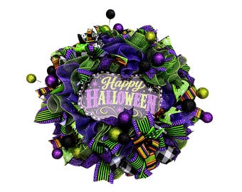 Purple Green Halloween Wreath, Happy Halloween Wreath, Witch Door Decor, Spooky Front Door Wreath, Gothic Halloween Decor