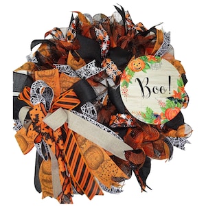 Handmade Halloween Wreath - Spooky Boo! Pumpkin Decor - Orange and Black Mesh Wreath - Front Door Decoration - Fall Seasonal Decor