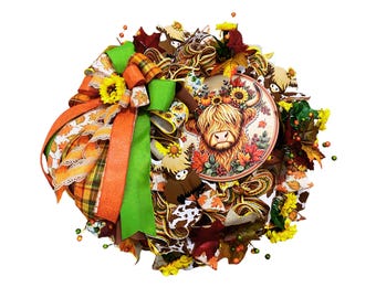 Highland Cow Fall Wreath, Farmhouse Autumn Front Door Decor, Rustic Western Wreath, Thanksgiving Door Decoration