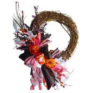 Handmade Halloween Wreath - Spooky Ghost Decor - Pumpkin Grapevine Wreath - Fall Front Door Decoration