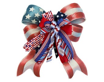 Patriotic Bow, Fourth of July Bow, Red White Blue Door Bow, American Flag Ribbon Bow, Memorial Day Decor, USA Holiday Bow