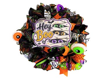 Hey Boo Halloween Wreath, Cute Halloween Front Door Wreath, Mummy Wreath, Eyeball Door Hanger, Whimsical Halloween Decor