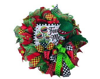 Feed Me Wreath, Carnivorous Plant Wreath, Whimsical Halloween Door Decor, Red Green Front Door Wreath, Handmade Horror Decor