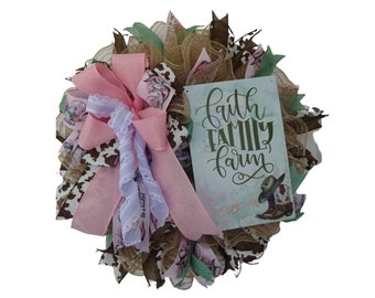 Handmade Faith Family Farm Wreath, Pink and Green Ribbon, Burlap Sign, Rustic Farmhouse Decor, Spring Door Wreath