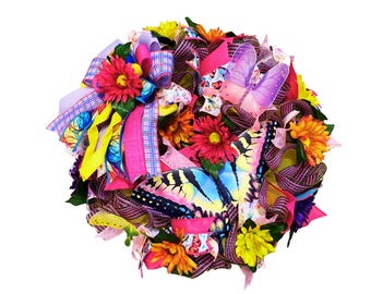 Colorful Butterfly Spring Wreath, Bright Floral Door Wreath, Summer Deco Mesh Wreath, Front Door Decor, Pink Yellow Butterfly Wreath
