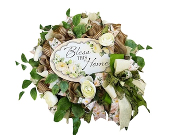 Bless This Home Wreath, Farmhouse Front Door Wreath, Everyday Greenery Wreath, Housewarming Gift, Neutral Floral Door Decor