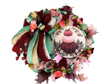 Pink Pumpkin Fall Wreath, Burgundy Fall Wreath, Autumn Front Door Decor, Elegant Pumpkin Wreath, Pink Fall Decor, Thanksgiving Wreath