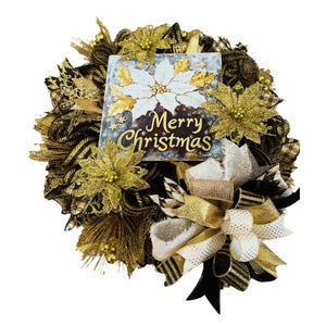 Gold and Black Christmas Wreath with Glitter Bows, Holiday Door Décor, Elegant Christmas Decoration, Handmade Christmas Wreath, Door Wreath